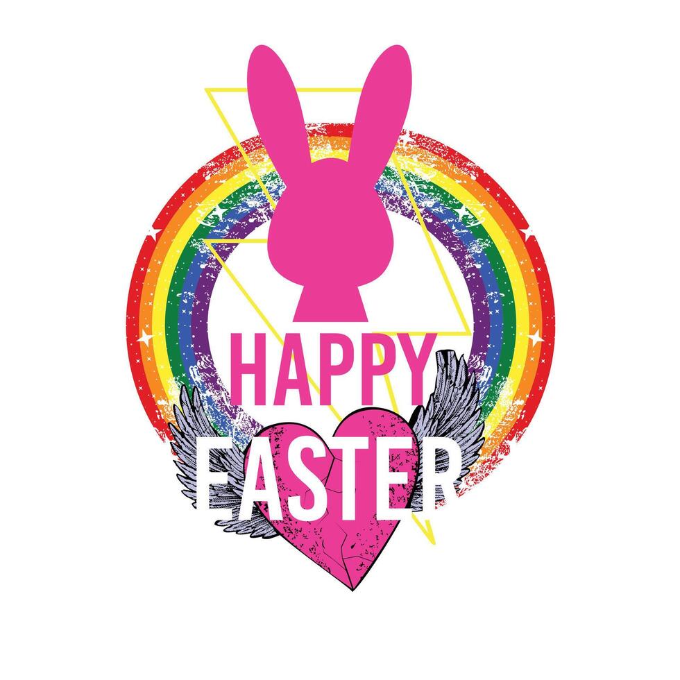 Happy easter. Pink rabbit silhouette t-shirt design with a circular rainbow and a winged heart. Gay pride. vector