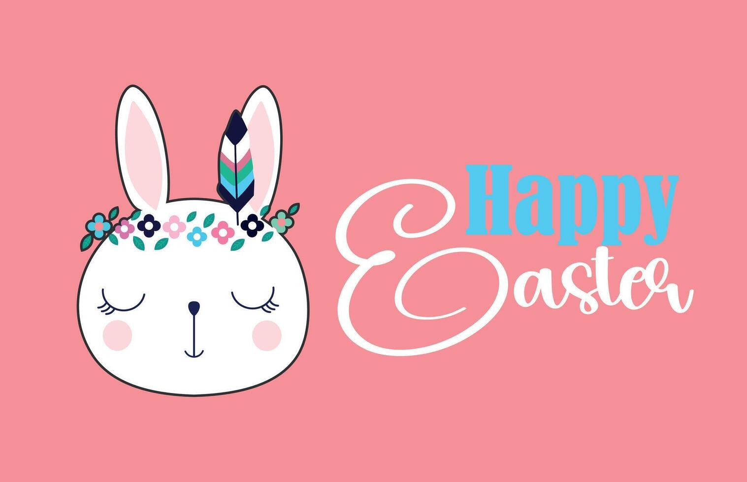 Happy Easter. T-shirt design of the head of a white rabbit next to handwritten letters on a pink background. vector