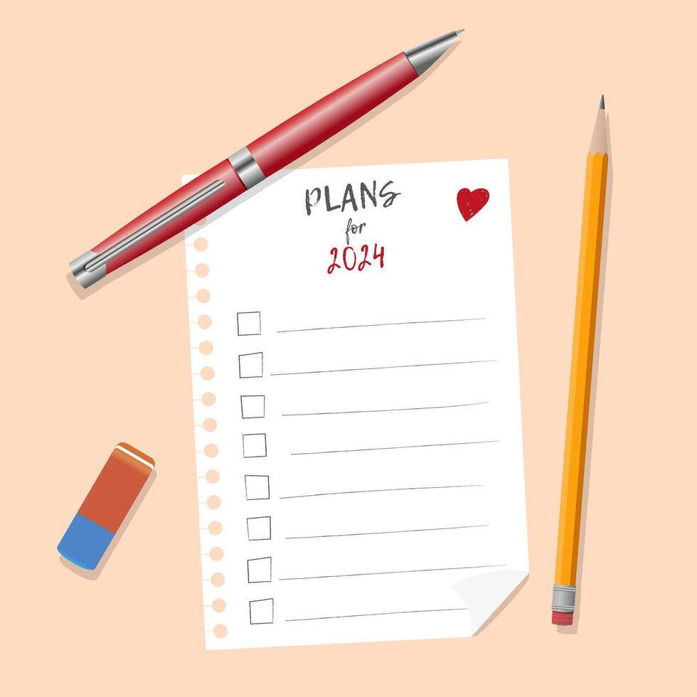 un lista de planes para 2024. un vector cuaderno sábana con un doblar. un sábana con un lápiz, bolígrafo, borrador.