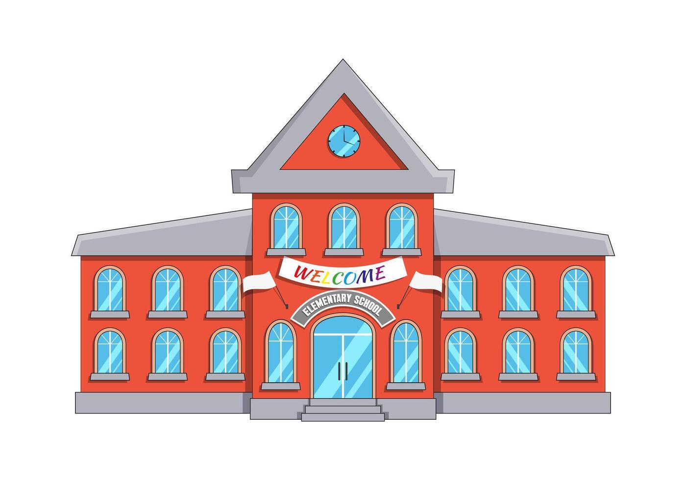 Vector drawn elementary school building made of red brick with a clock on the tower.