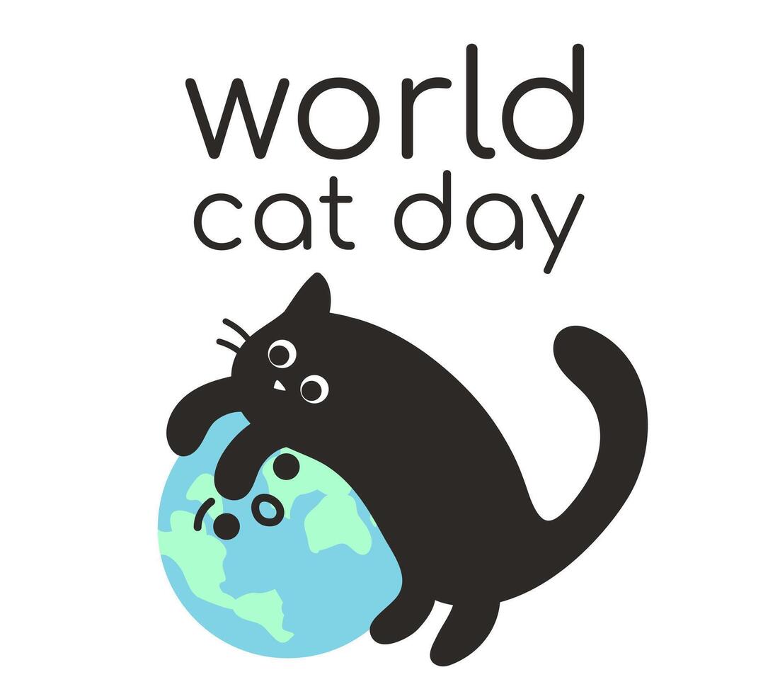 mundo gato día. el gato abrazos el tierra. tarjeta postal para el día festivo. un linda negro gato mentiras en un sorprendido planeta. el mascota abraza el mundo. gracioso Felicidades. caracteres. vector ilustración.