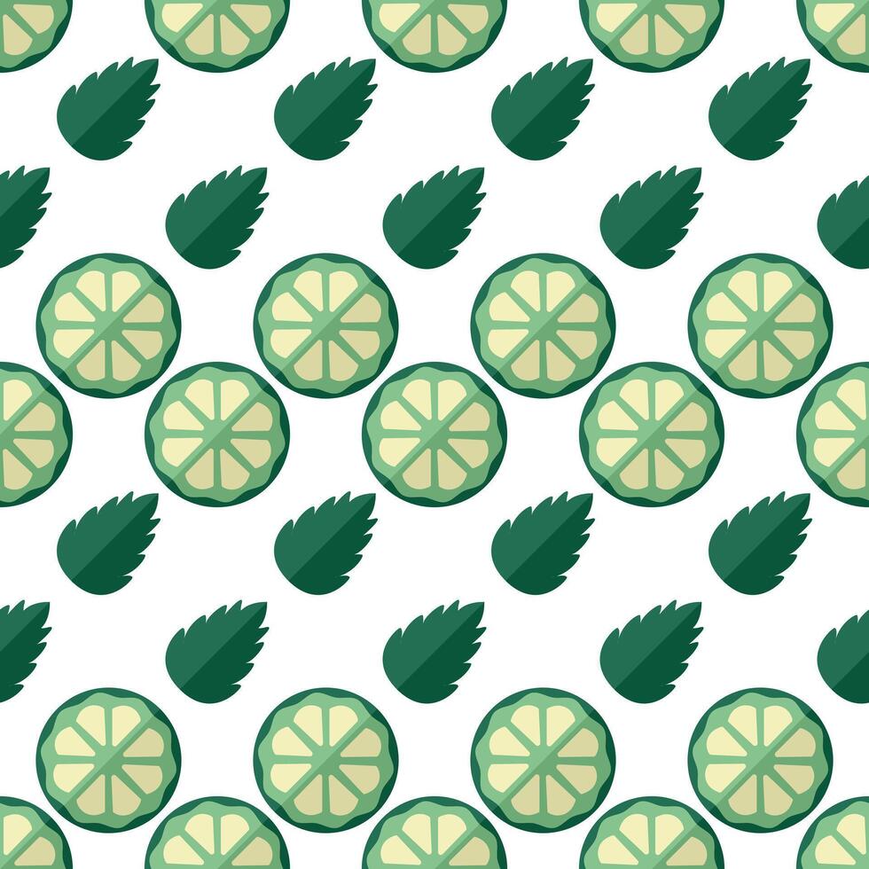Seamless pattern Lime Slice and Mint Leaves. Piece of Citrus Fruit and herb. Ingredients for tea or Mojito cocktail recipe. Refreshing drink. Objects in a row. Flat style. Vector illustration.