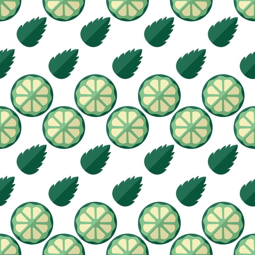 sin costura modelo Lima rebanada y menta hojas. pedazo de agrios Fruta y hierba. ingredientes para té o mojito cóctel receta. refrescante beber. objetos en un fila. plano estilo. vector ilustración.