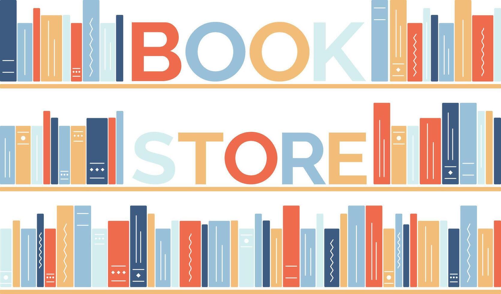 Shelf of books in a bookstore. Text Book Store. Literature and textbooks in the rack. Reading and knowledge. Bookinist. Bookcases. Vector illustration