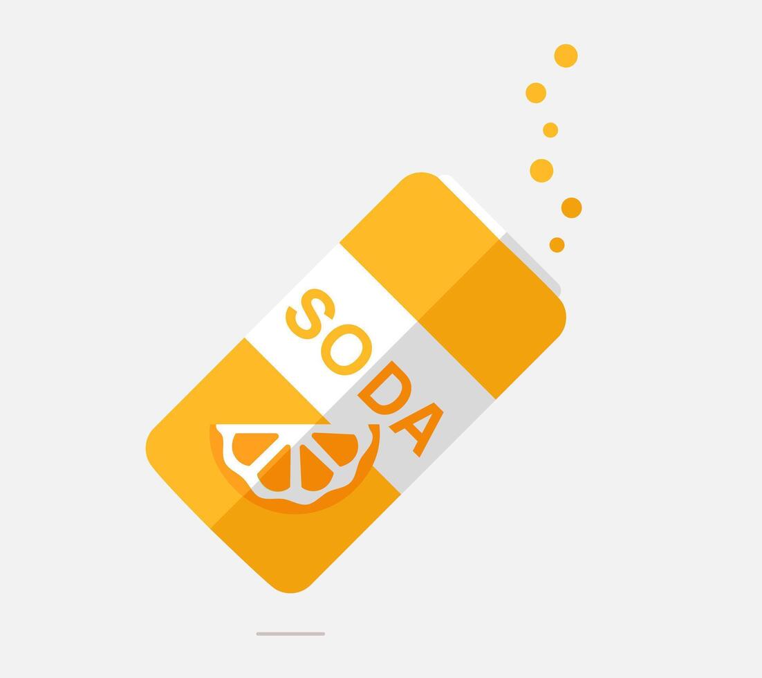 Can of orange soda hangs diagonally. Fizzy sweet lemonade with bubbles and shadow. Slice of orange. Drinks menu in the cafe. Flat style. Isolated. Vector illustration