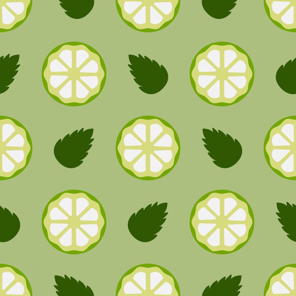Pattern Slice of lime and mint leaves. Seamless pattern Circle of citrus fruits and herbs on a green background. Ingredients for tea or Mojito cocktail recipe. Refreshing drink. Flat style. Vector
