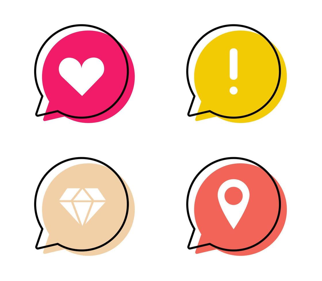 Set of bubbles with icons - heart, exclamation point, diamond, pin. Online conversation. Colored speech with white symbols on a white background. Isolated. Labels. Vector illustration