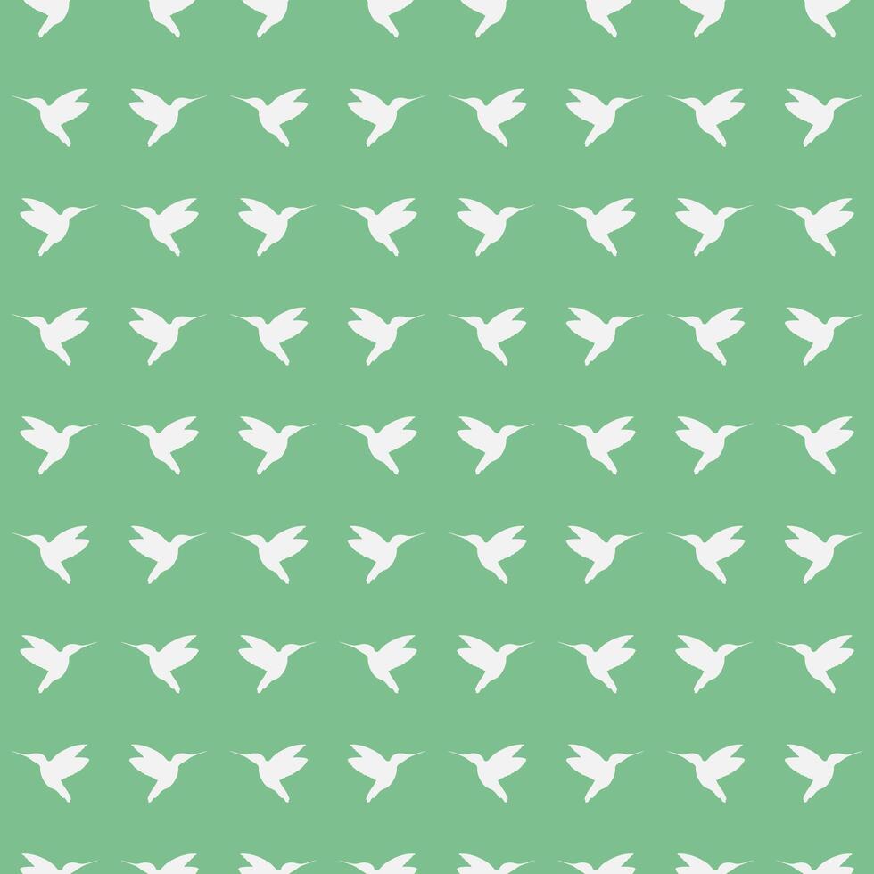 Seamless pattern of flying Hummingbirds from the side. White silhouette of a bird in profile on a green background. Tropical and exotic fauna. Animal shape. Vector illustration.