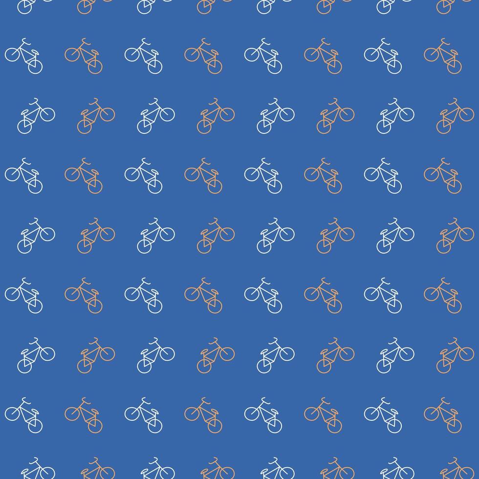 Pattern icons of bicycles ride on the rear wheel. Seamless print on a blue background. Cycling, spinning wheels. Journey on ecological transport. Vector illustration.