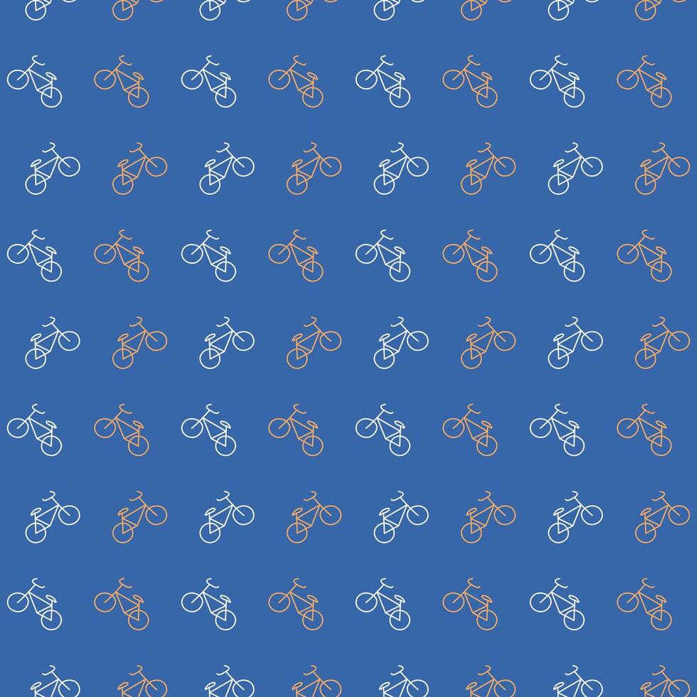 modelo íconos de bicicletas paseo en el posterior rueda. sin costura impresión en un azul antecedentes. ciclismo, hilado ruedas viaje en ecológico transporte. vector ilustración.