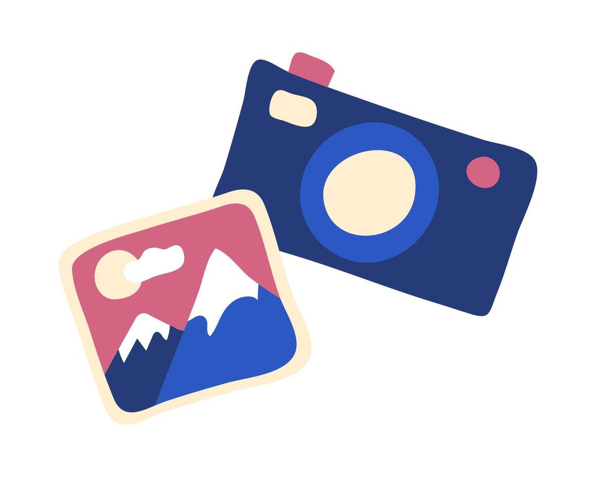 Color Doodle Camera and photography. Instant photo. Camera lens. Square photo with landscape. Capture the moment. Journey. Isolated items on a white background. Vector illustration.