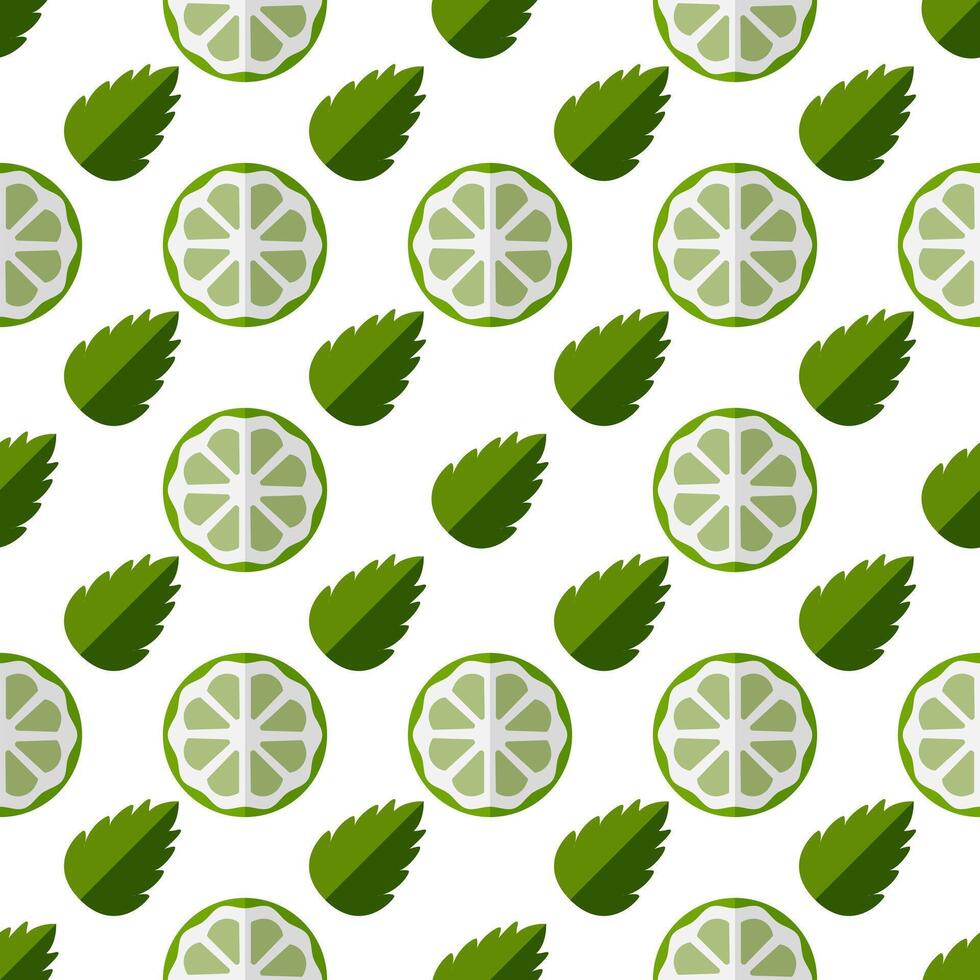 Pattern Slice of lime and mint leaves. Ingredients for tea or Mojito cocktail recipe. Seamless pattern Piece of citrus fruits and herbs on a white background. Refreshing. Flat style. Vector