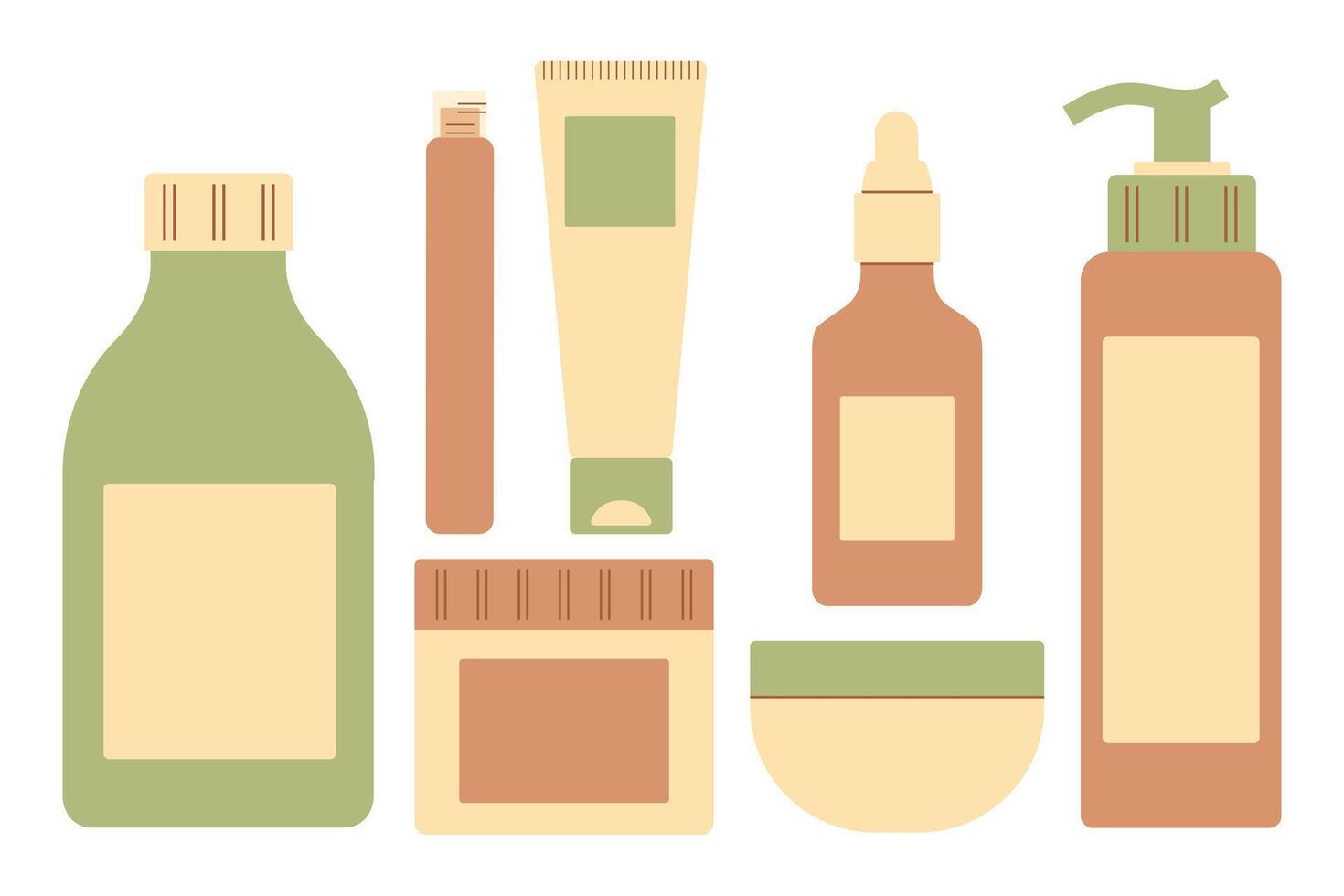 Set of cosmetic products for hair and skin. Shampoo, conditioner and mask. Cream, filler and oil. Body Gel. Hygiene and cleanliness. Spa and beauty salons. Isolated objects. Vector illustration.