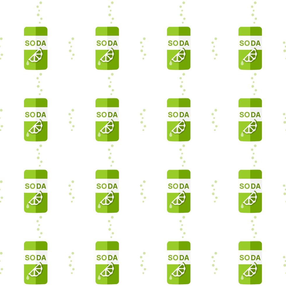 Seamless pattern of soda cans and bubbles. Lime lemonade, green tin. Sweet carbonated drink. Lime slice on a jar. Thirst. Flat style. Vector illustration