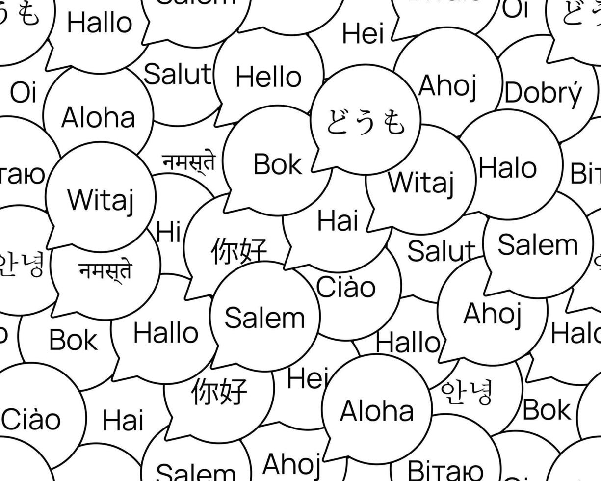 Bubble pattern Hello in different languages. Learning Greetings in world languages - hieroglyphs, letters. Word in chat. Crowd of tourists. Black and white image. Vector illustration