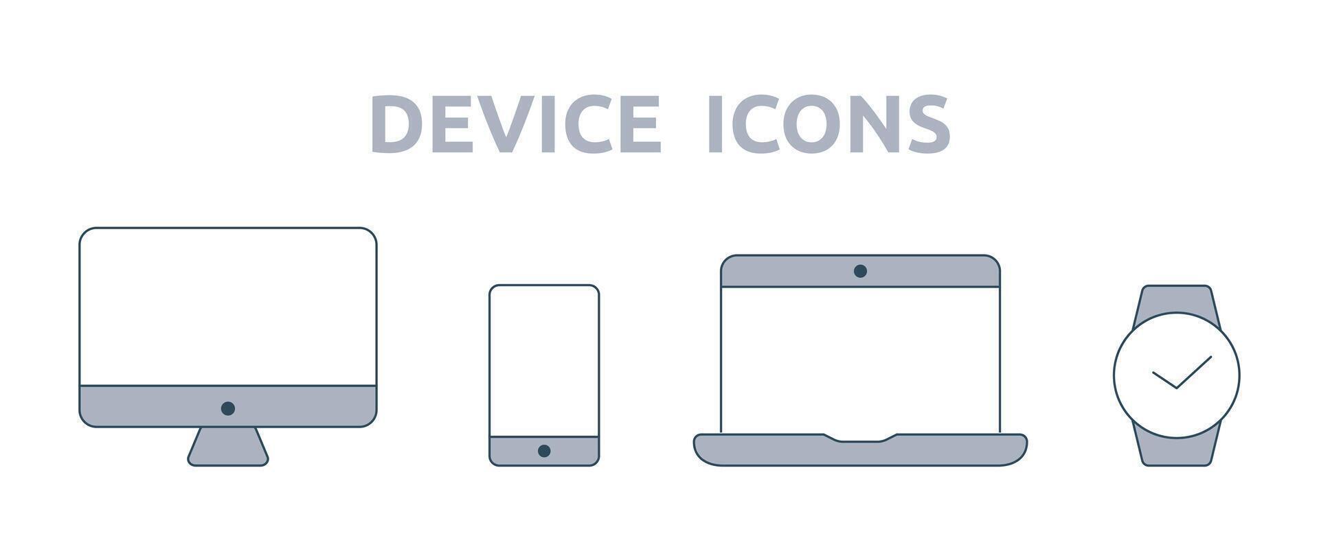 dispositivo íconos - computadora, teléfono, ordenador portátil y mirar. conjunto de técnica, electrónica y tecnologías. contorno íconos con lleno partes. íconos para el sitio. vector ilustración.