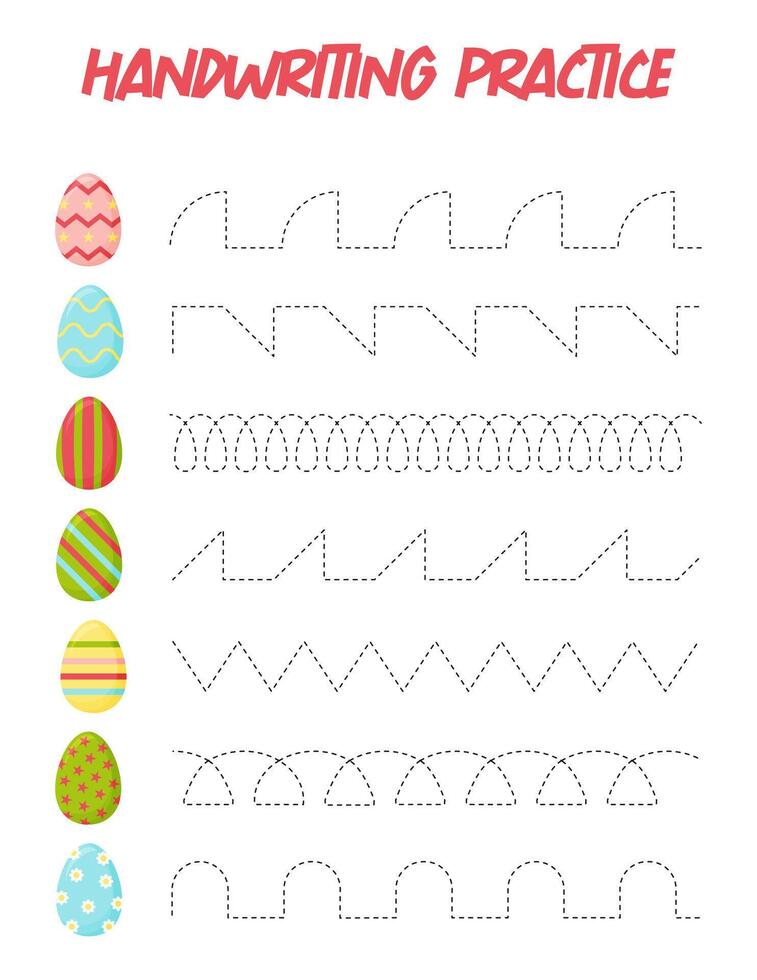 Tracing lines with eggs. Handwriting practice for children.Practicing fine motor skills. Educational game for preschool kids. Vector illustration.