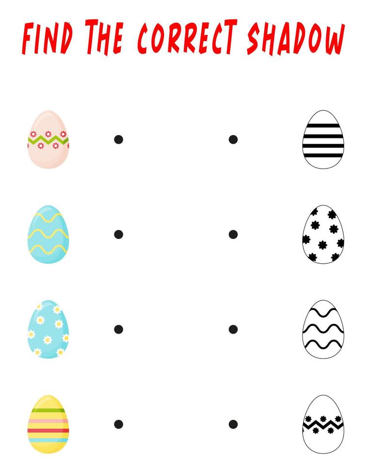 Find the right shadow. Educational game with cute eggs. Easter eggs with logic games for children. A training card with tasks for preschool and kindergarten children. vector