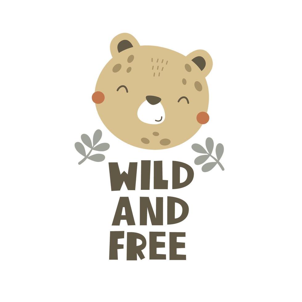 salvaje y gratis. dibujos animados leopardo, mano dibujo letras. plano estilo, vistoso vector para niños. bebé diseño para tarjetas, póster decoración, impresión