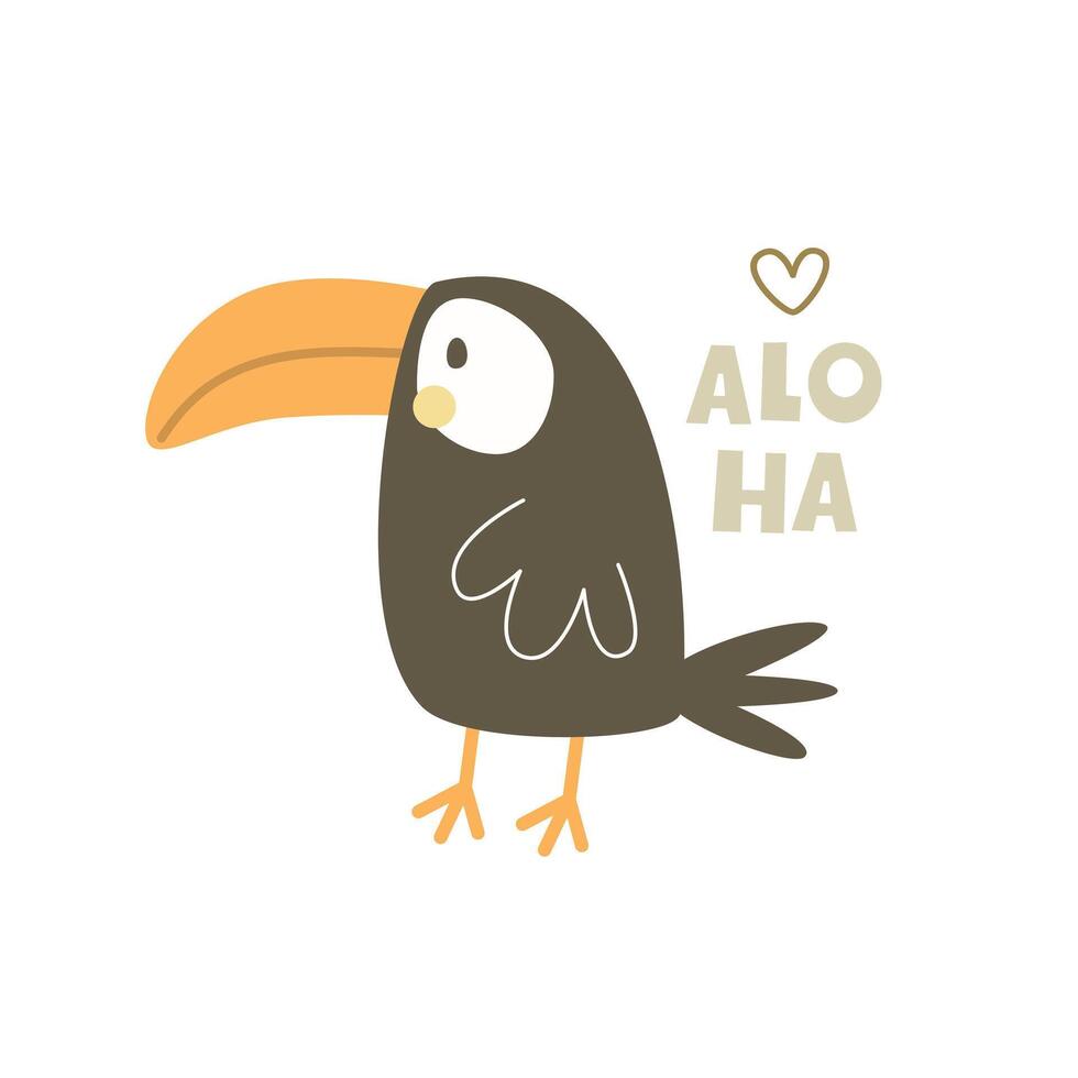 aloha. Cartoon toucan, decor elements, watermelon, pineapple, tropical leaves, hand drawing lettering. colorful summer vector illustration, flat style. Doodle phrase. design for print, greeting card,