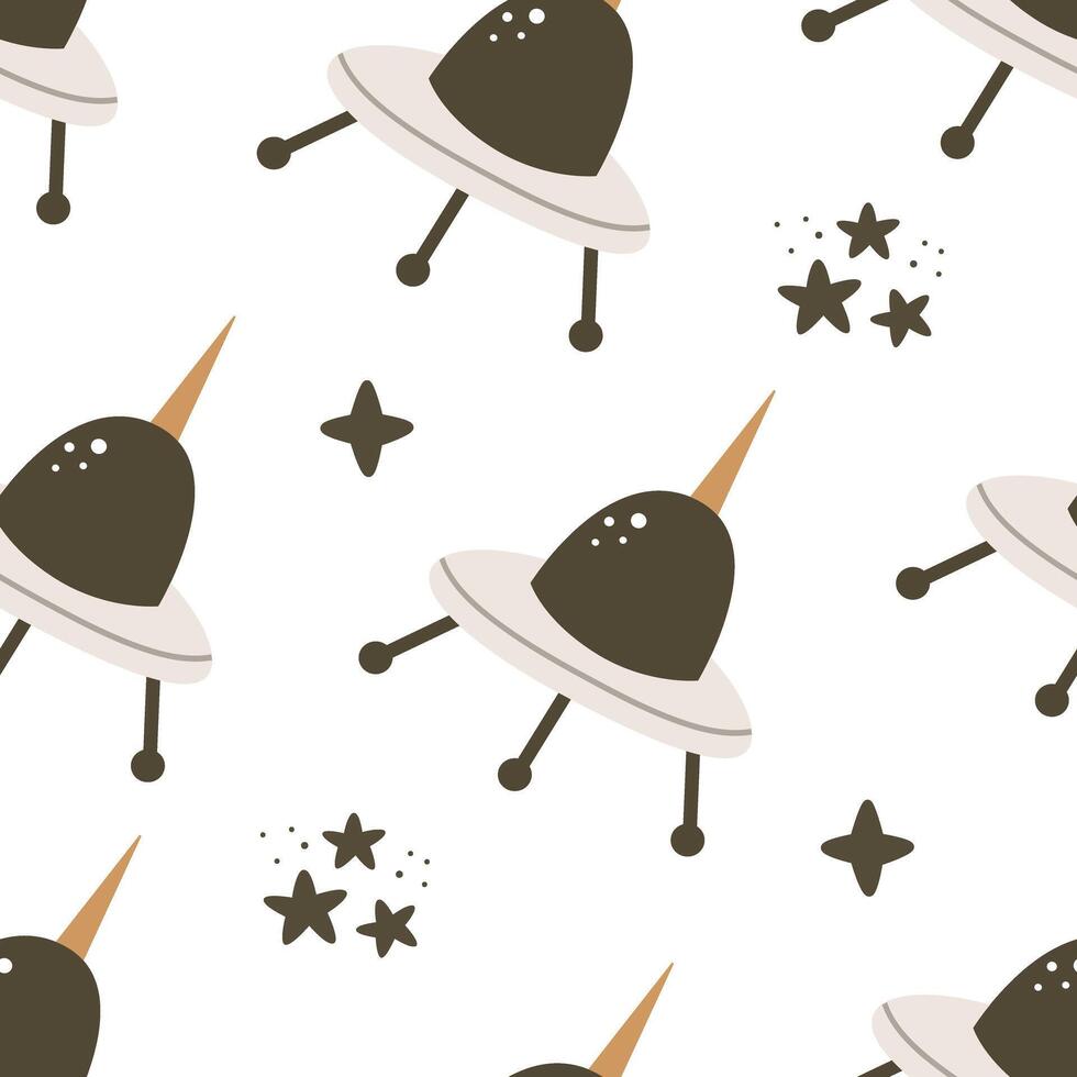 seamless pattern with cartoon spaceship, decor elements. Colorful vector for kids. Space. hand drawing. baby design for fabric, print, wrapper, textile