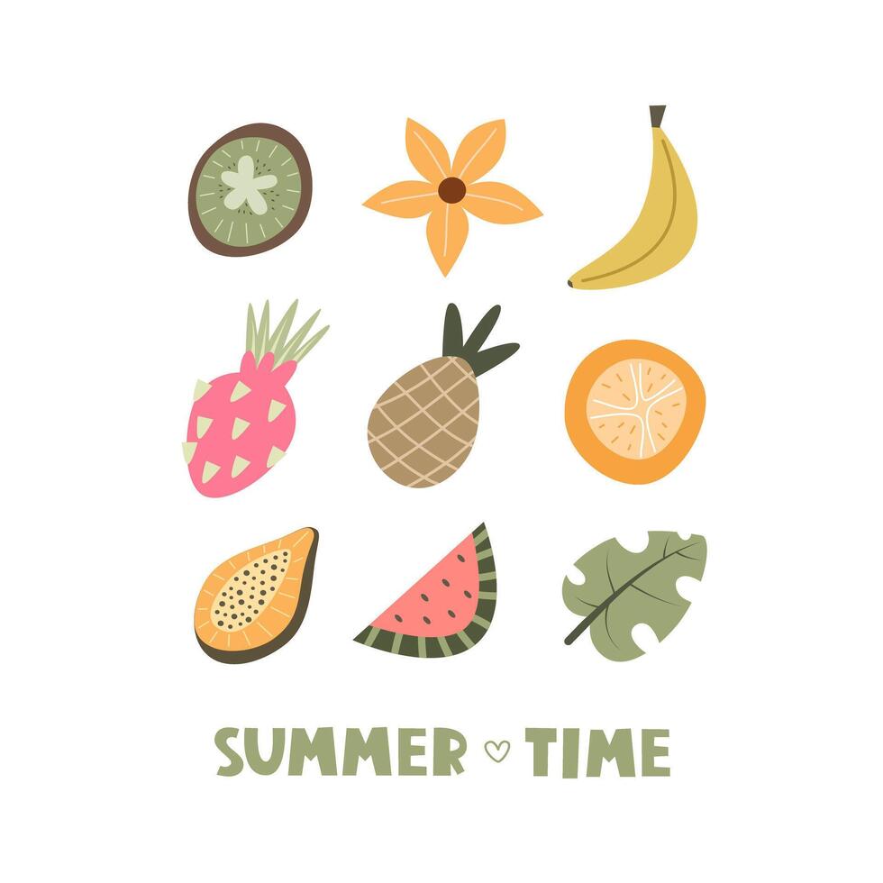 verano tiempo. dibujos animados frutas, mano dibujo letras, decoración elementos. verano vistoso vector ilustración, plano estilo. diseño para tarjetas, imprimir, carteles, logo, cubrir