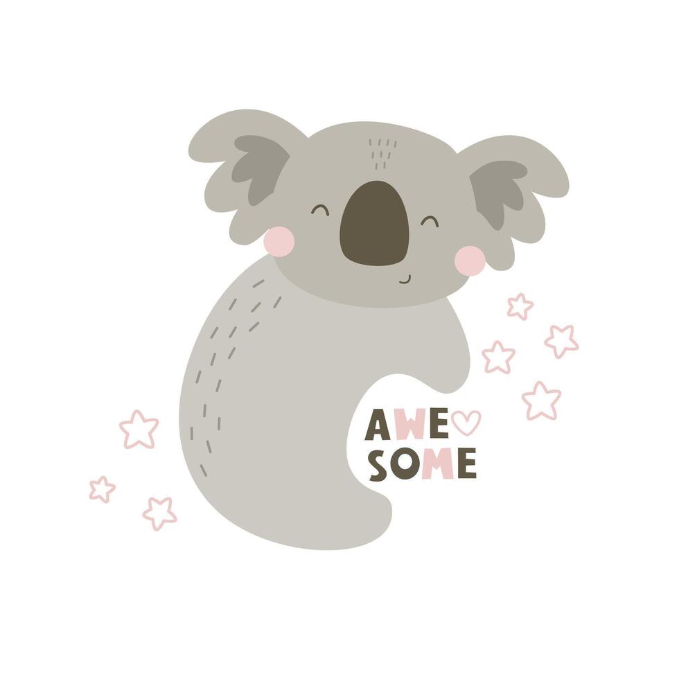 Awesome. cartoon koala, hand drawing lettering, decorative elements. flat style, colorful vector for kids. baby design for cards, poster decoration, t-shirt print