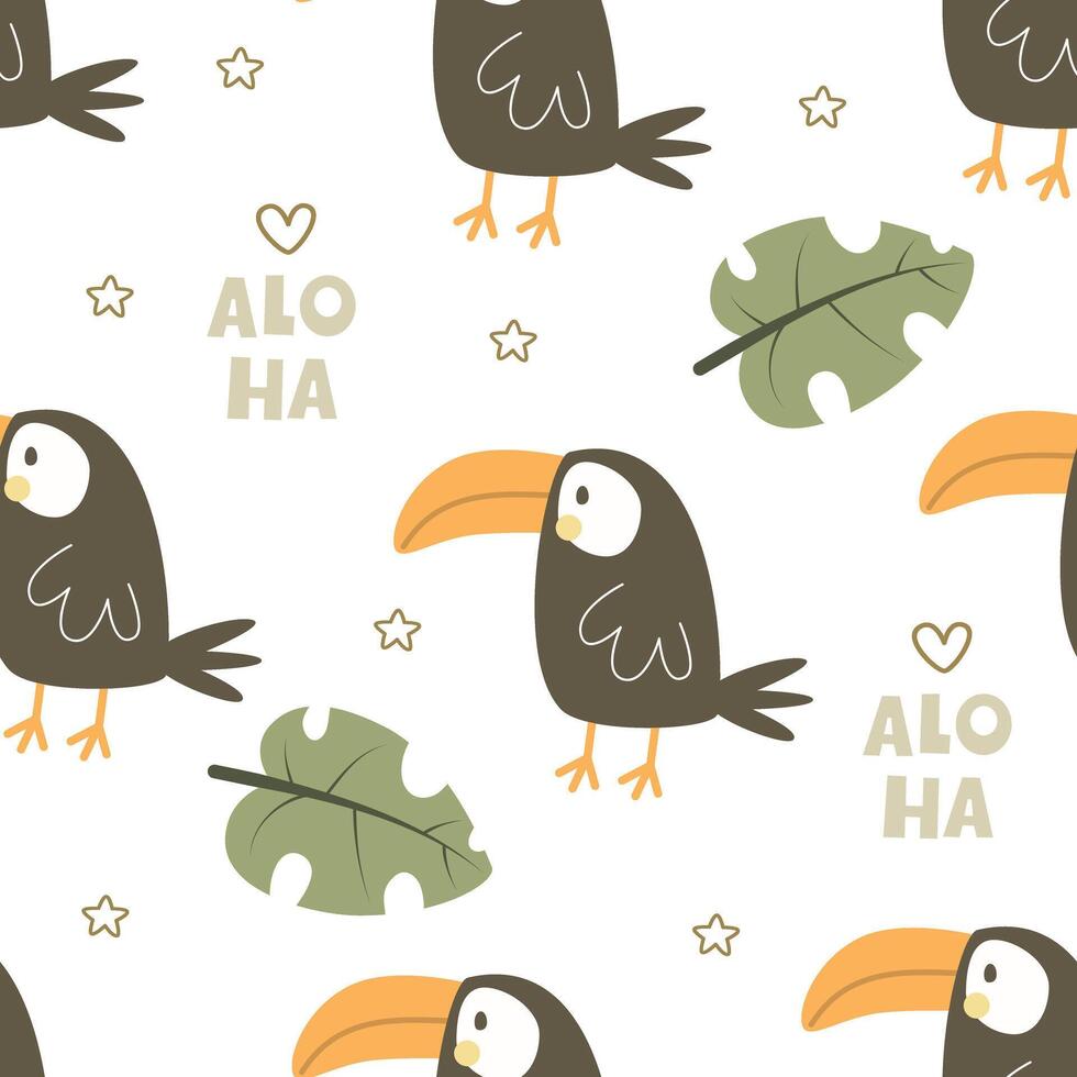 Seamless pattern with cartoon toucans, decor elements. colorful vector for kids. hand drawing, flat style. baby design for fabric, print, textile, wrapper