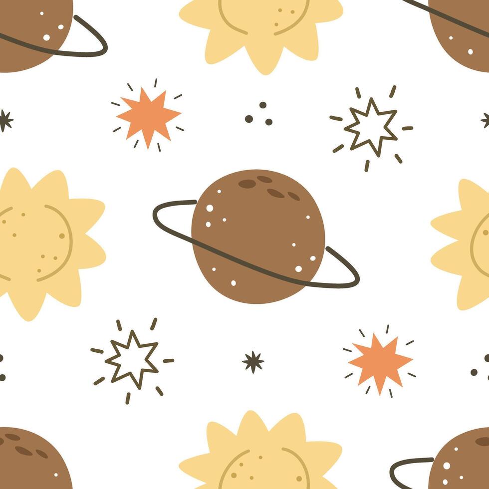 sin costura modelo con dibujos animados planeta, sol, estrella, decoración elementos. vistoso vector para niños. espacio. mano dibujo. bebé diseño para tela, imprimir, envoltura, textil