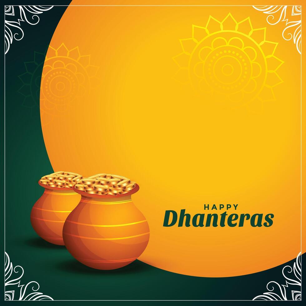 happy dhanteras wishes card with golden coins pot vector