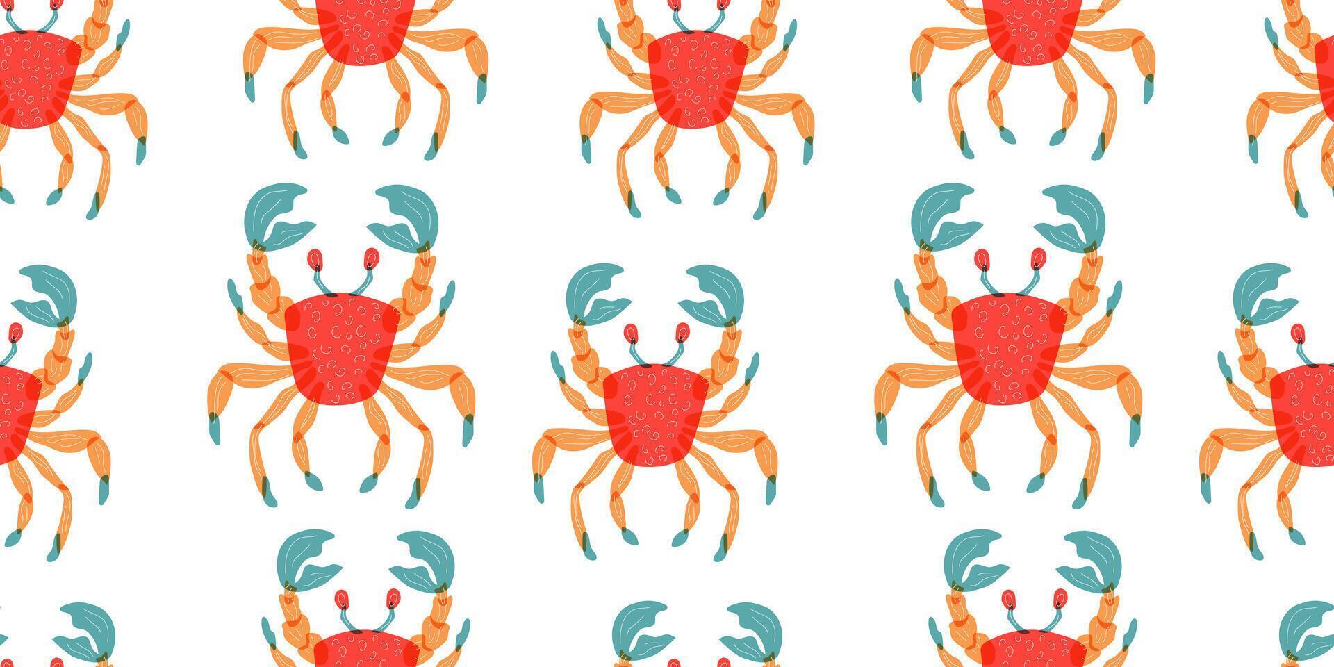 Seamless pattern with cute cartoon crab. Vector crawfish background.
