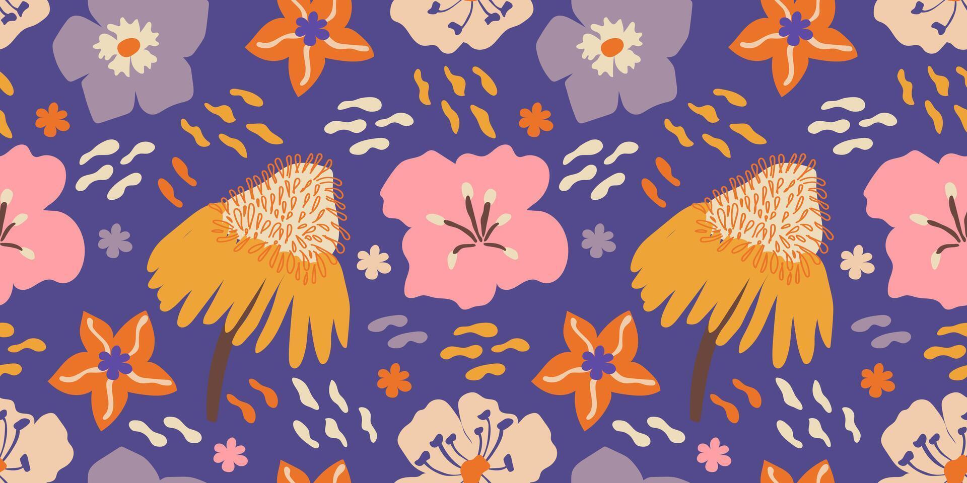 Seamless pattern with abstract flowers. Vector hand drawn floral background.