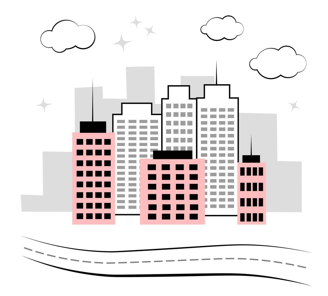 Skyscrapers on a white background. Cityscape. Doodle vector