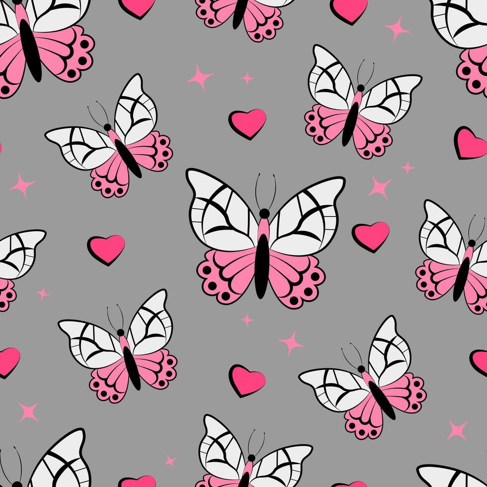 sin costura modelo con mariposas y rosado corazones en un gris antecedentes vector