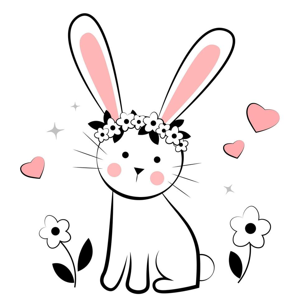 Cute bunny with flowers on white background. Doodle vector