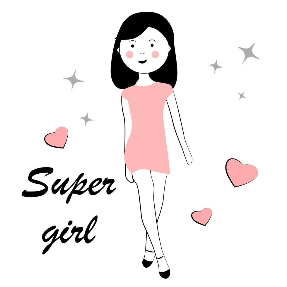 Super girl. Woman in pink dress. Doodle vector
