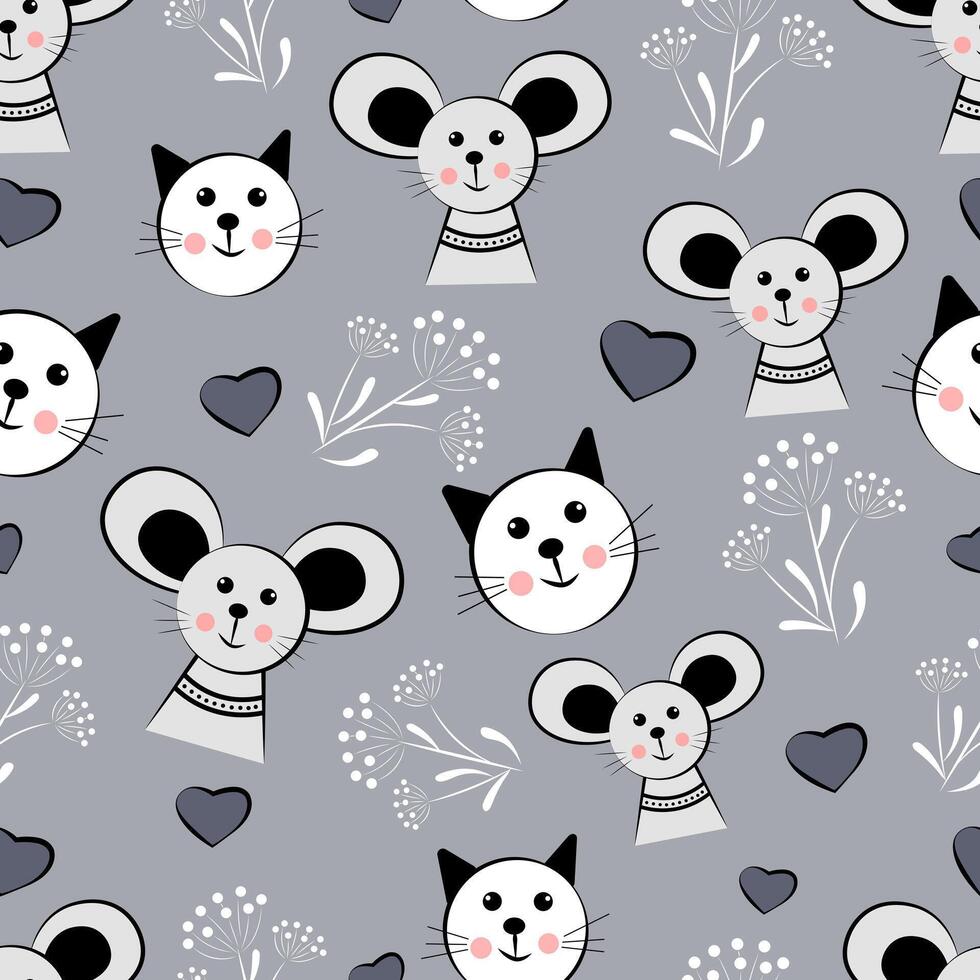 Seamless pattern of mouse and cats on grey background vector