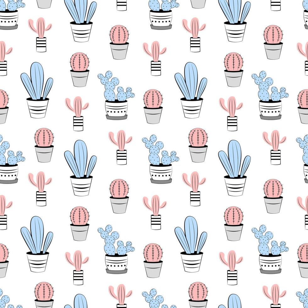 Seamless pattern with cute cacti on white background vector