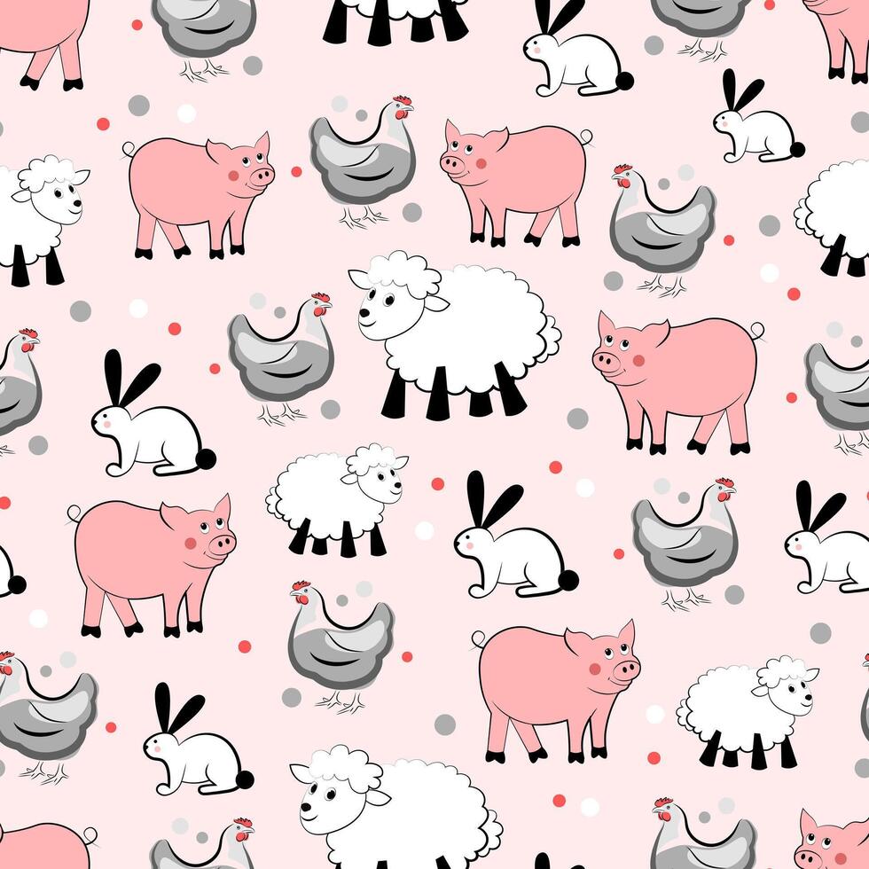 Seamless pattern with rabbit, pig, chicken and sheep vector