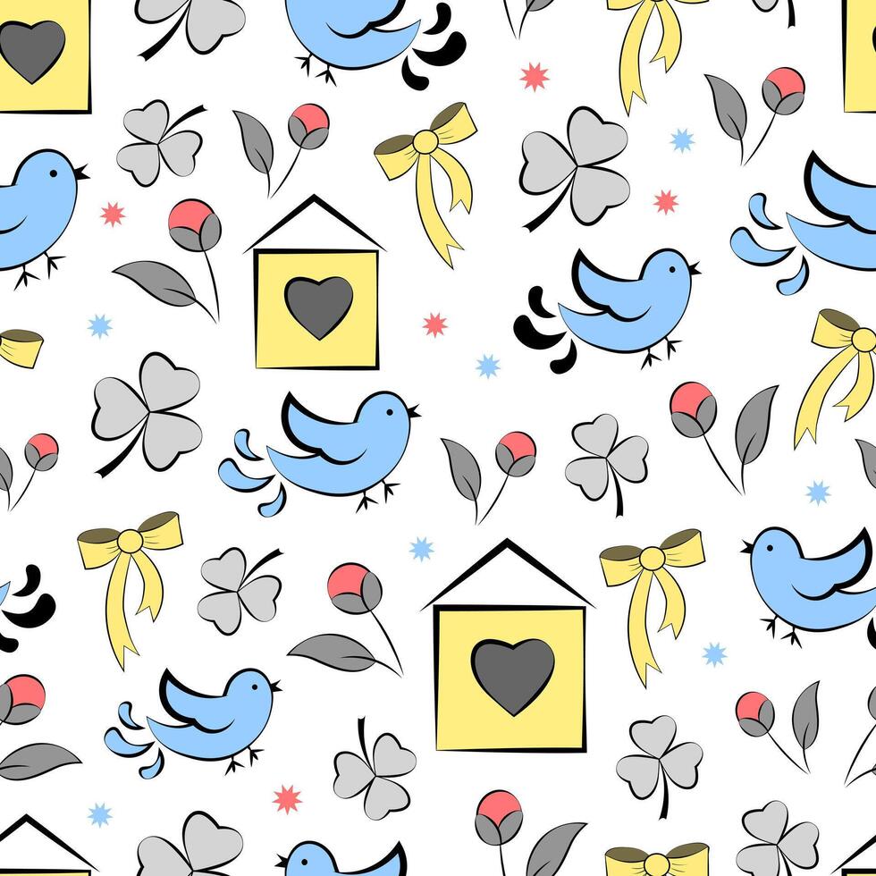 Seamless pattern with birds and birdhouse vector