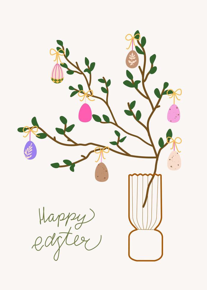 Easter card witn Easter egg tree. Centerpiece decorated with Easter eggs and bows. Happy Easter - handwritten lettering. Vector vertical card for poster, card, scrapbooking, stickers