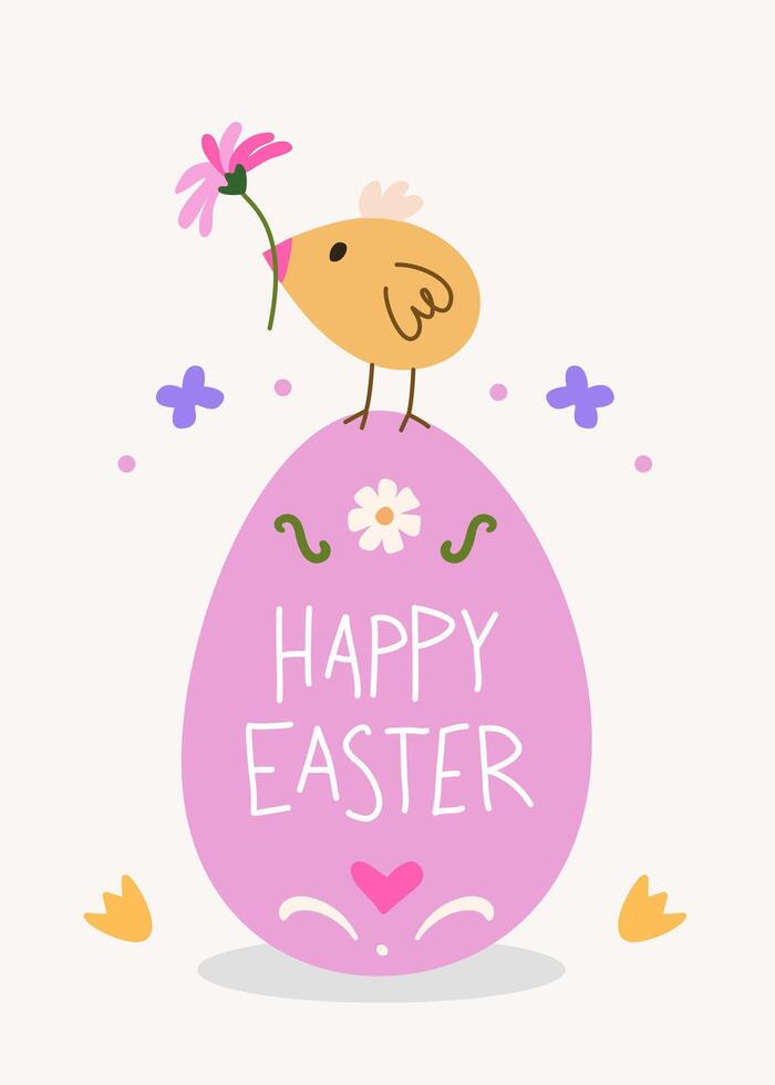 Happy Easter cute vector card. Hand-drawn design of Spring greeting card. Vertical card with chick, egg, spring flowers