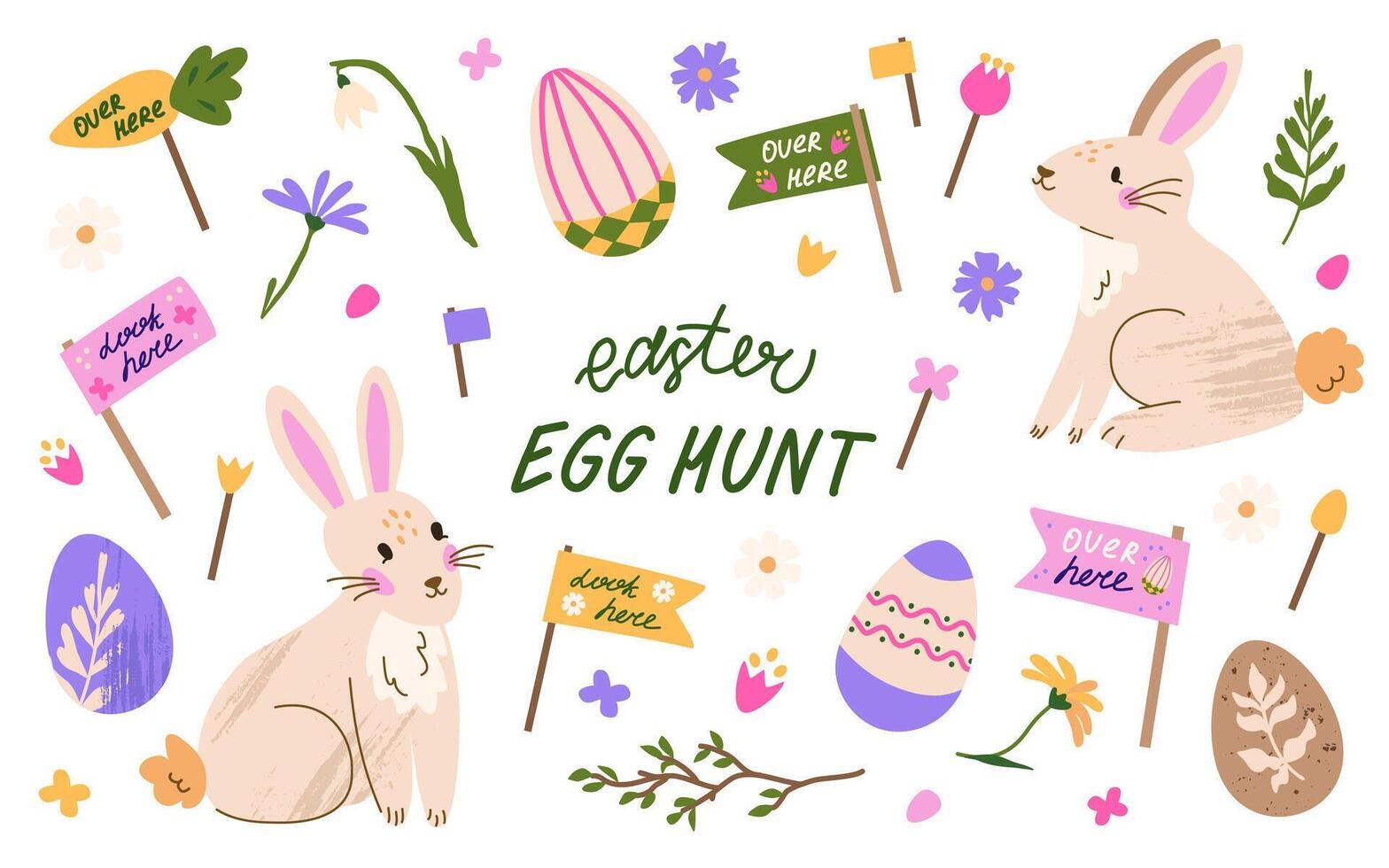 Cute Easter Egg Hunt vector set. Spring collection of bunnies,  eggs, flags and signs. For print, decoration, scrapbooking, stickers