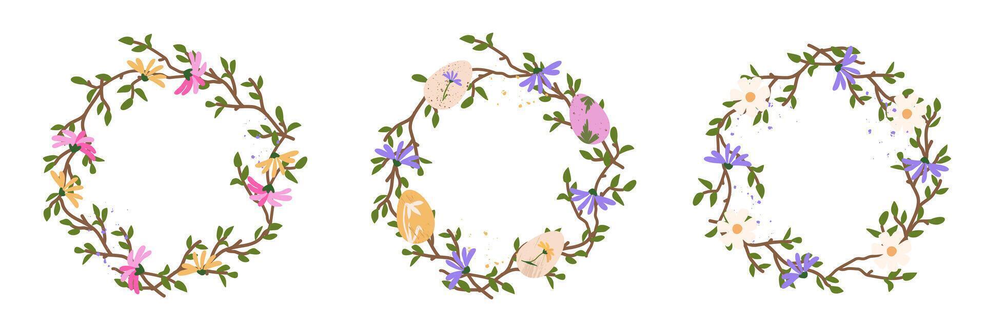 Set of Easter spring frames with Easter eggs and wildflowers. Vector elegant template with text space for banner, poster, card and decorations
