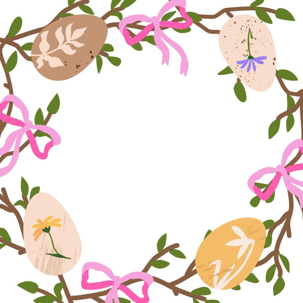 Pascua de Resurrección primavera frontera con Pascua de Resurrección huevos, flores silvestres y rosado arcos vector diseño modelo con texto espacio para bandera, póster, tarjeta