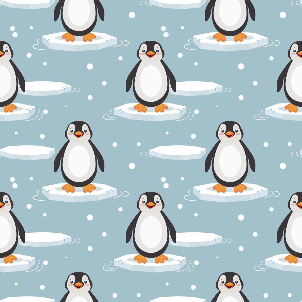 Seamless pattern with cute baby penguins on an ice floe on a blue background. Design for print, textile, fabric. Vector