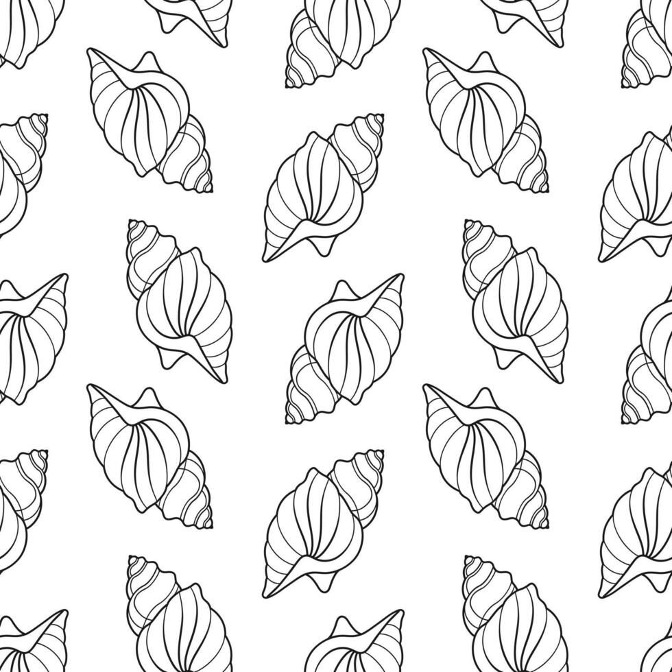 Seamless pattern of sea shells. Black outline of seashells on a white background. Vector