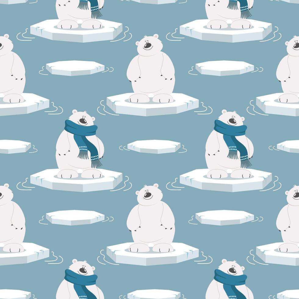 Seamless pattern with cute polar bears on an ice floe on a blue background. Design for print, textile, fabric. Vector