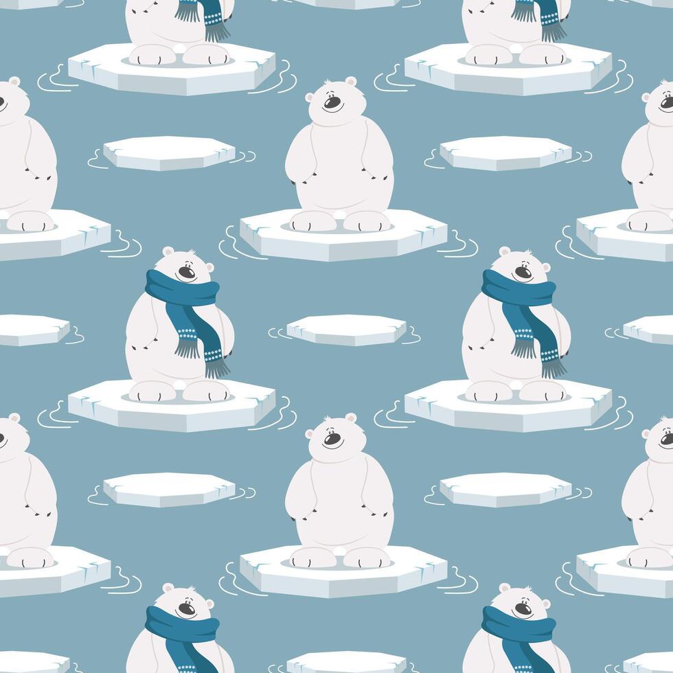 sin costura modelo con linda polar osos en un hielo témpano de hielo en un azul antecedentes. diseño para imprimir, textil, tela. vector