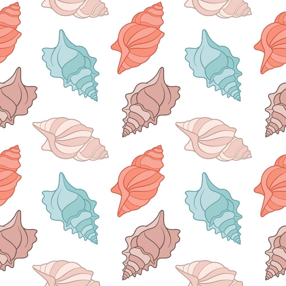 Seamless pattern of sea shells. Seashells of pastel colors on a white background. Vector